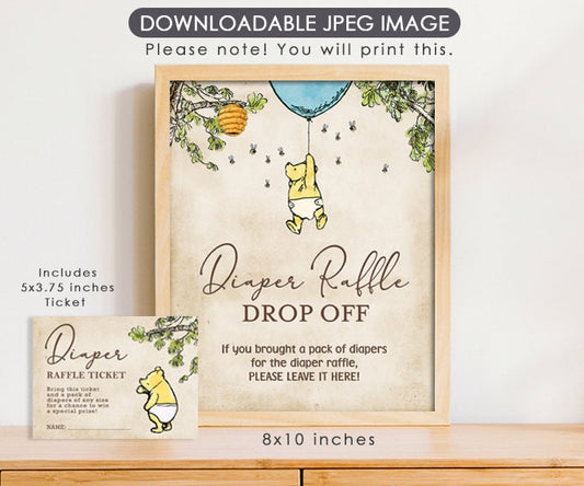 Winnie The Pooh Baby Shower - Diaper Raffle Drop Off and Diaper Raffle Ticket Insert Card - spikes.digitalshop