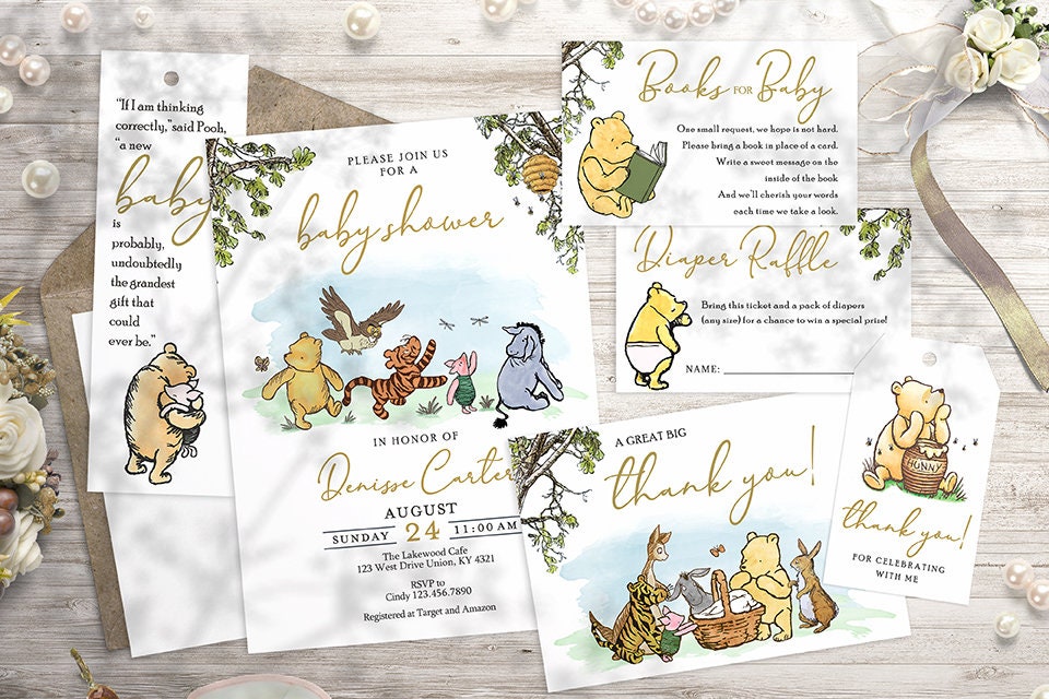 Baby Shower Invitation Card Bundle Pak - Classic Winnie The Pooh Theme - spikes.digitalshop