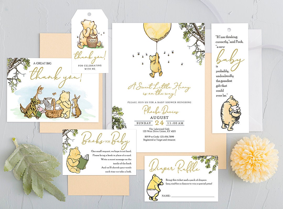 Baby Shower Invitation Card Bundle Pak - Classic Winnie The Pooh Theme - spikes.digitalshop