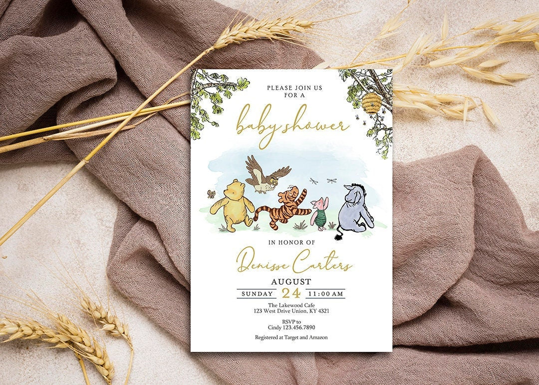 Classic Winnie The Pooh Baby Shower Invitation Card for Gender Neutral / Pooh and Hunny Jar / Personalized / Digital Only - spikes.digitalshop