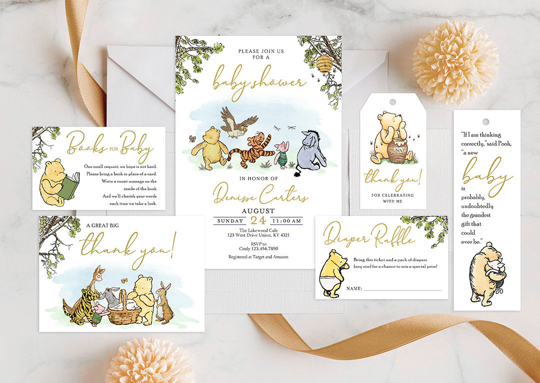 Baby Shower Invitation Card Bundle Pak - Classic Winnie The Pooh Theme - spikes.digitalshop