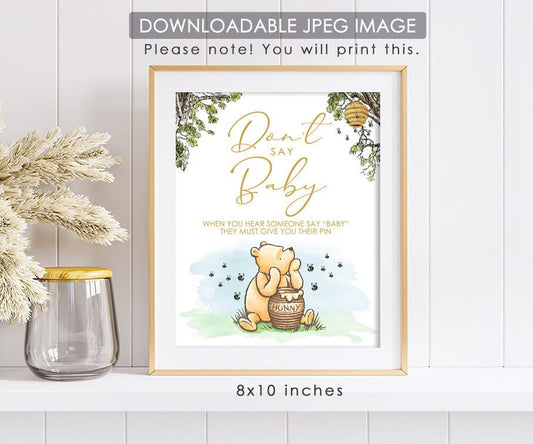 Don't Say Baby Clothespin Game Sign - Downloadable Classic Winnie the Pooh Baby Shower Sign