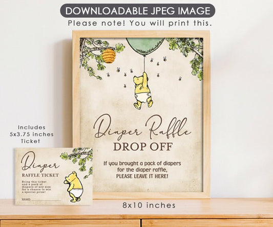 Diaper Raffle Drop Off and Diaper Raffle Ticket Insert Card - Winnie the Pooh Downloadable Digital File - spikes.digitalshop