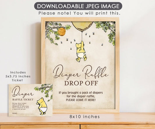 Diaper Raffle Drop Off and Diaper Raffle Ticket Insert Card - Winnie the Pooh Downloadable Digital File - spikes.digitalshop