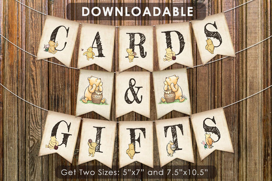 Cards & Gifts Sign / Downloadable Digital Banner / Classic Winnie The Pooh Bunting / Instant Download - spikes.digitalshop