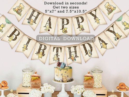 ON SALE! Downloadable Digital Banner / Classic Winnie The Pooh Bunting /Happy Birthday Decoration/Instant Download