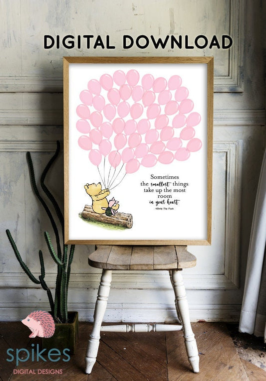 Classic Winnie The Pooh Guestbook with 50 Balloons/ Pink Girl /Printable Digital Instant Download/Two Sizes 16x20 and 11x14/Sign Poster - spikes.digitalshop