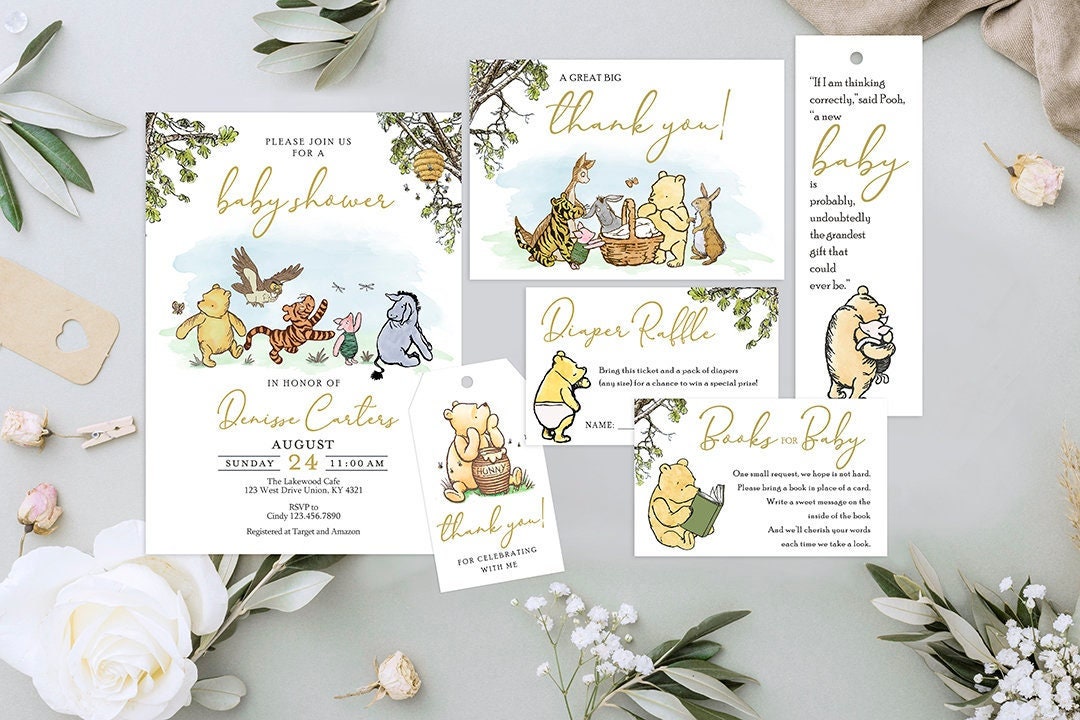 Baby Shower Invitation Card Bundle Pak - Classic Winnie The Pooh Theme - spikes.digitalshop