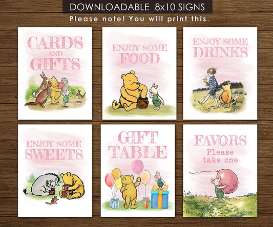 Classic Winnie The Pooh Table Signs Bundle Pack for Birthday or Baby Shower Party