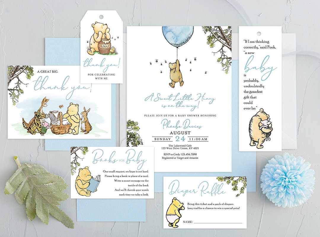 Baby Shower Invitation Card Bundle Pak - Classic Winnie The Pooh Theme - spikes.digitalshop