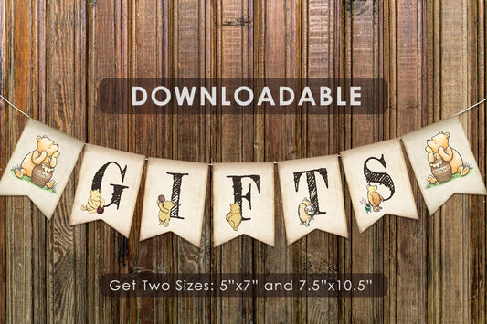Gifts Sign / Downloadable Digital Banner / Classic Winnie The Pooh Bunting / Instant Download - spikes.digitalshop