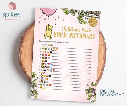 Blush Pink/ Classic Winnie The Pooh Baby Shower Games/ Emoji Emojis Pictionary Card / Instant Download / 5x7 inches