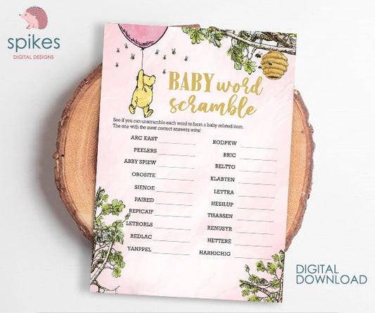 Blush Pink/ Classic Winnie The Pooh Baby Shower Games/ Baby Word Scramble Alphabet / Instant Download / 5x7 inches