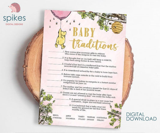 Blush Pink/ Classic Winnie The Pooh Baby Shower Games/ Baby Traditions Around The World / Instant Download / 5x7 inches