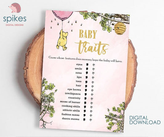 Blush Pink / Classic Winnie The Pooh Baby Shower Games/ Baby Traits and Features / Instant Download / 5x7 inches
