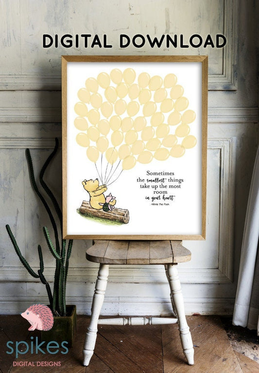 Classic Winnie The Pooh Guestbook with 50 Balloons/ Yellow /Printable Digital Instant Download/Two Sizes 16x20 and 11x14/Sign Poster