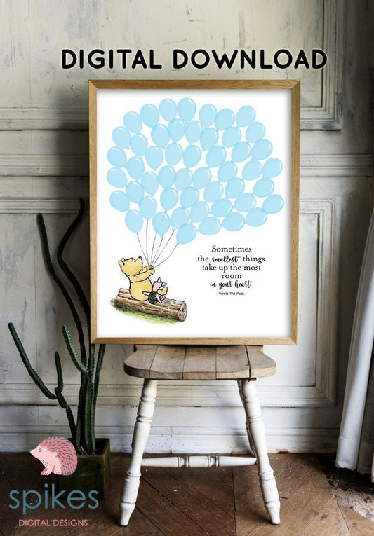Classic Winnie The Pooh Guestbook with 50 Balloons/ Blue /Printable Digital Instant Download/Two Sizes 16x20 and 11x14/Sign Poster - spikes.digitalshop