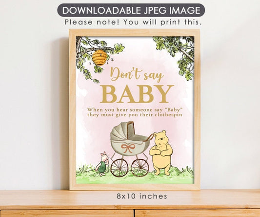 Don't Say Baby Clothespin Game Sign - Downloadable Classic Winnie the Pooh Baby Shower Sign - spikes.digitalshop
