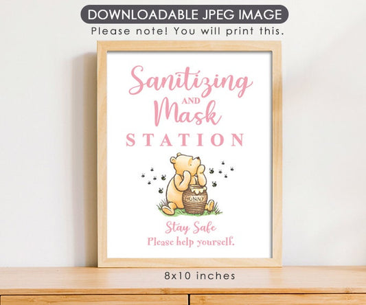 Safety First Wear Mask Table Sign - Classic Winnie The Pooh Party Poster Decoration - for Baby Shower or Birthday Party - spikes.digitalshop