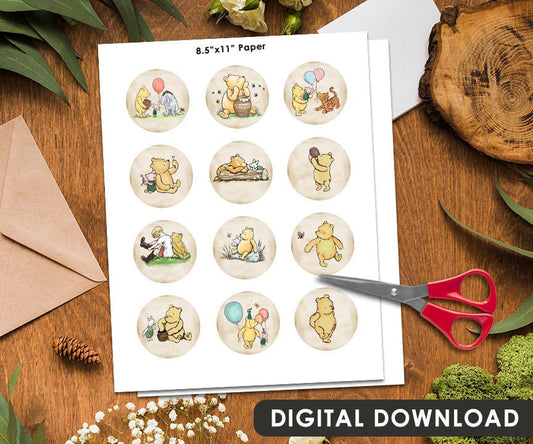 2" Cupcake Toppers! Download in Seconds! Total 12 Designs! / Circle Tag Sticker / Cookie Food Favor Label / Classic Winnie The Pooh - spikes.digitalshop