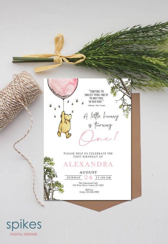 DIGITAL Classic Winnie The Pooh Birthday Invitation Card / Pink Girl Party / Personalized / Digital Only - spikes.digitalshop