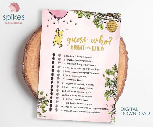 Blush Pink/ Classic Winnie The Pooh Baby Shower Games/ Guess Who Mommy Or Daddy / Instant Download / 5x7 inches
