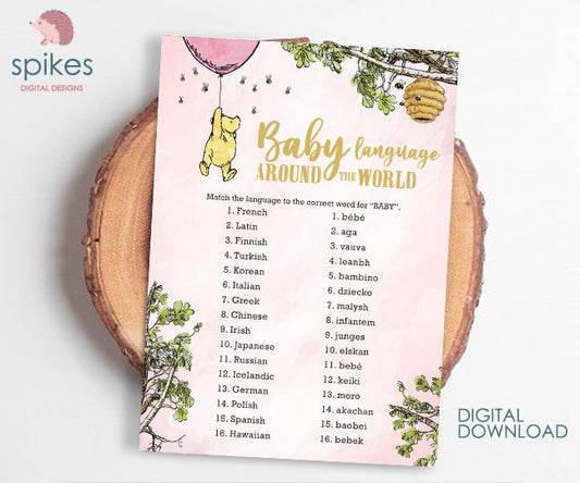 Blush Pink / Classic Winnie The Pooh Baby Shower Games / Girl/ Baby Language Around The World / Instant Download / 5x7 inches
