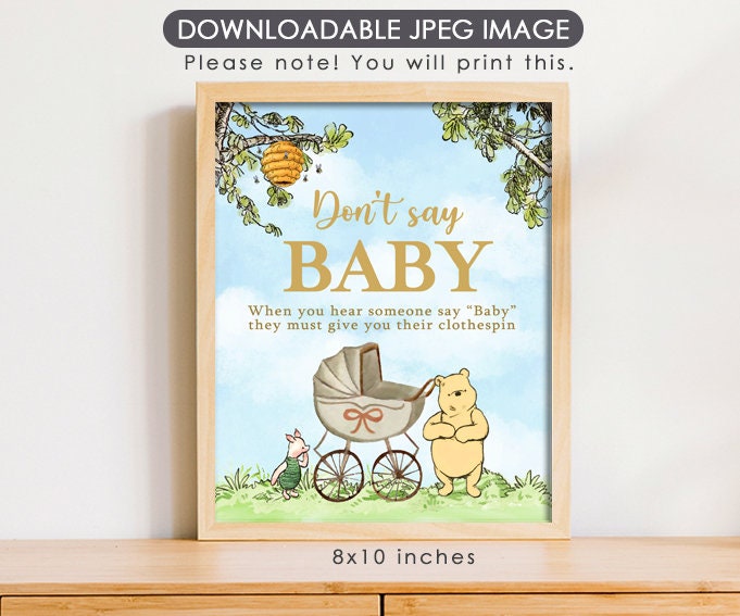 Don't Say Baby Clothespin Game Sign - Downloadable Classic Winnie the Pooh Baby Shower Sign - spikes.digitalshop