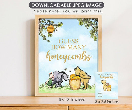 Guess How Many Honeycombs Table Sign with Answer Cards - Classic Winnie The Pooh Party Sign - spikes.digitalshop