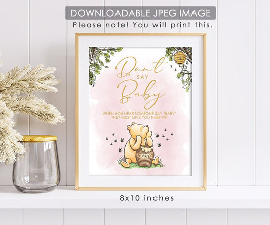 Don't Say Baby Clothespin Game Sign - Downloadable Classic Winnie the Pooh Baby Shower Sign - spikes.digitalshop