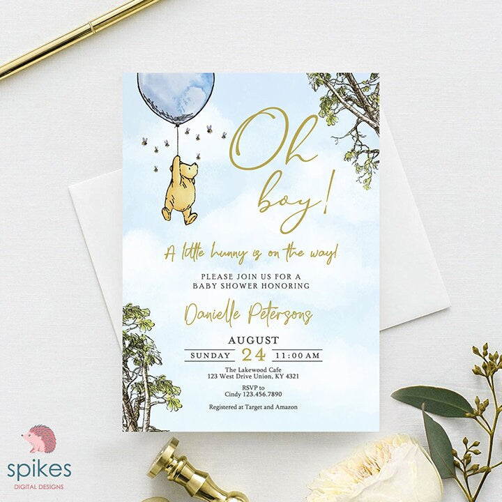 Classic Winnie The Pooh Baby Shower Invitation Card / Pooh and Hunny Jar / Personalized / Digital Only - spikes.digitalshop