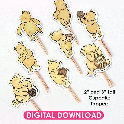 Downloadable 2" and 3" Pooh Cupcake Toppers / Printable Digital File/ Cutouts Die Cut/ Baby Shower Birthday