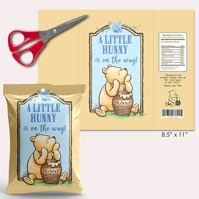 Classic Winnie The Pooh Printable Chip Bag Label Tag / Boy Blue Yellow/ Baby Shower Favor / Digital Instant Download